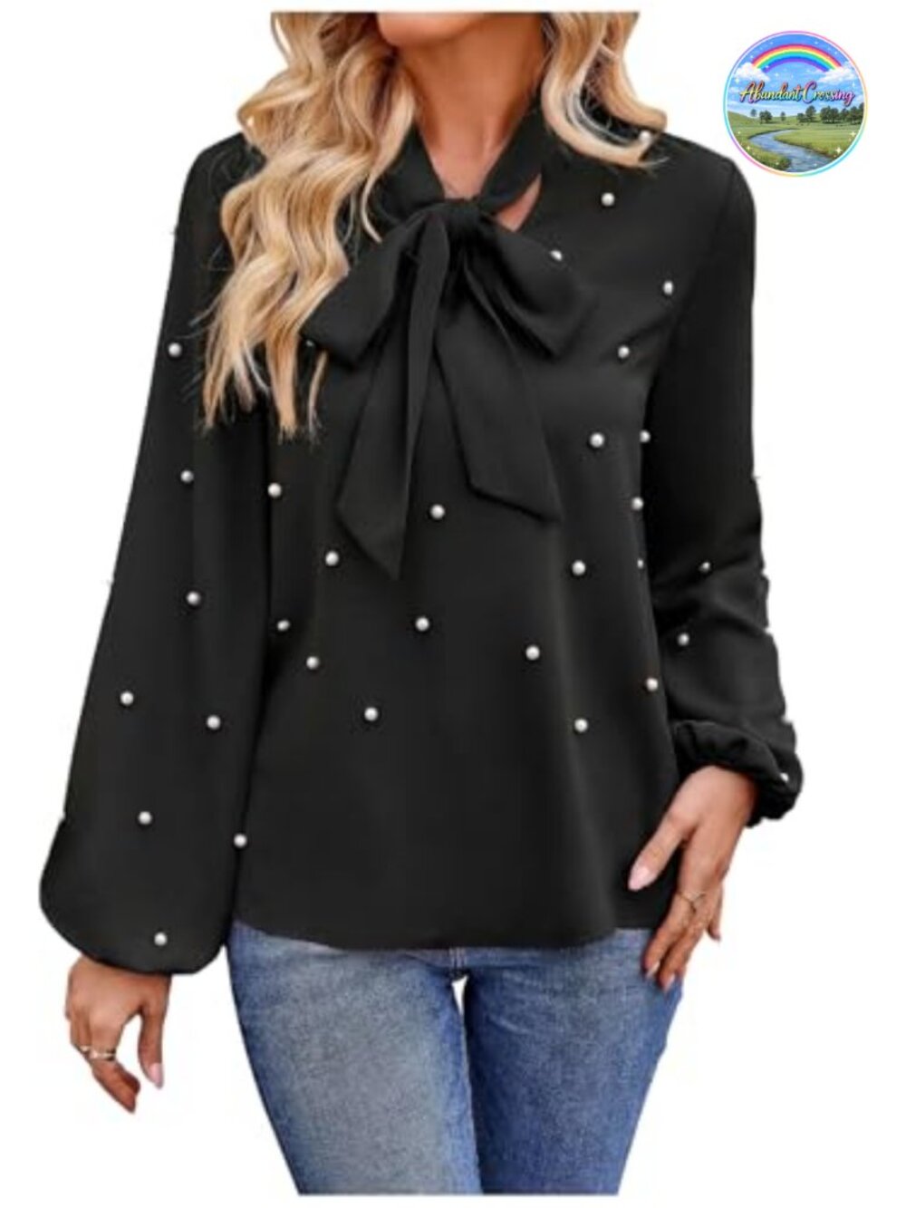 Pearls Bow Tie Mock Neck Long Sleeve Blouse Women's Casual Loose Fit Top